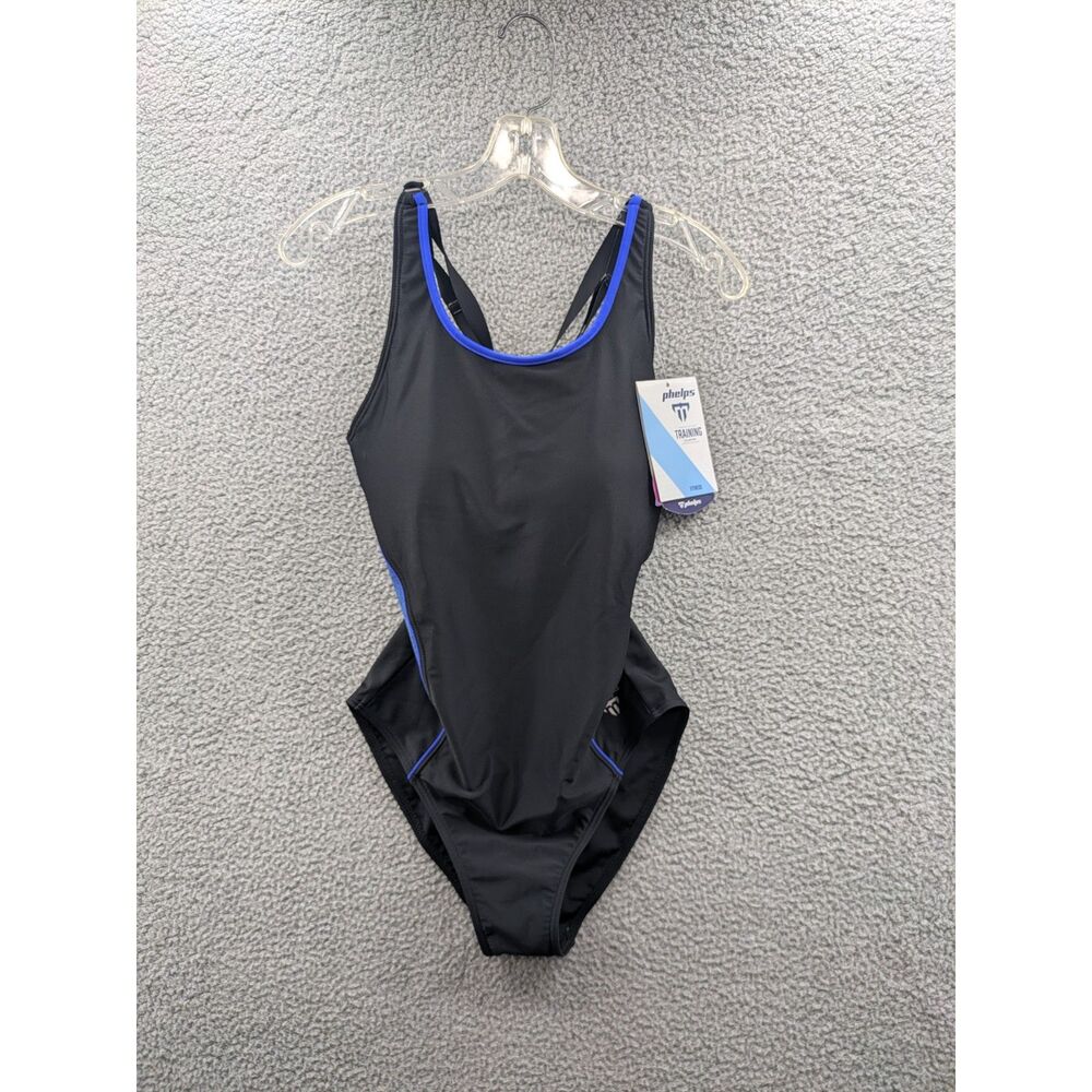 Phelps Training Women's One Piece Swimsuit Camilya Black Royal Blue sz 38 *NEW*